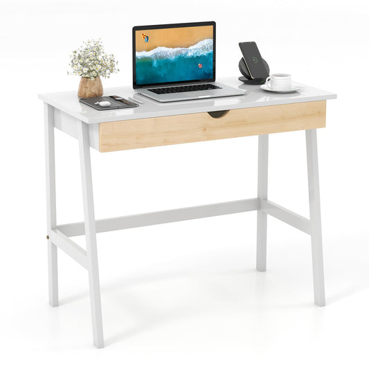 Giantex Modern Writing Desk with Drawer, White Computer Desk with Rubber Wood Legs, Minimalist Workbench Desk for Small Space, Makeup Table Vanity