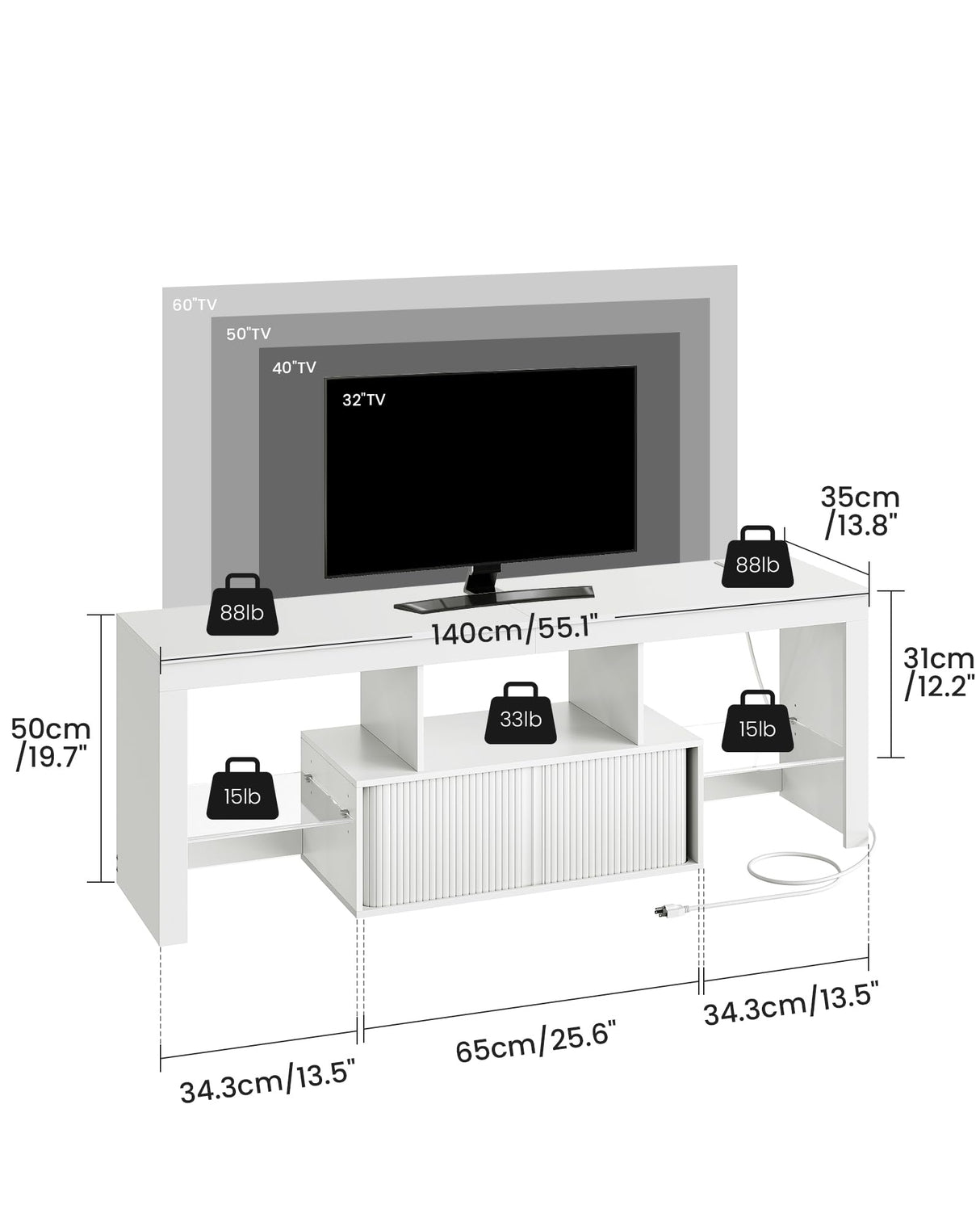 CHOEZON TV Stand with Power Outlet, Modern TV Cabinet for 55 60 inch TVs, Media TV Console with LED Light Strip, Media Entertainment Center with Storage, for Living Room, Bedroom, White MDS02UDWB CHOEZON