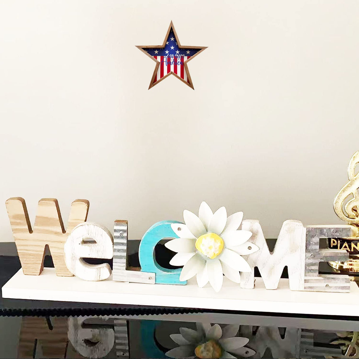 Rustic Wood Daisy Welcome Table Stand Sign Wood Kitchen Table Cabinet Decor, Rustic Wooden Block Letters Welcome Sign Primitive Farmhouse Decoration Grace Home