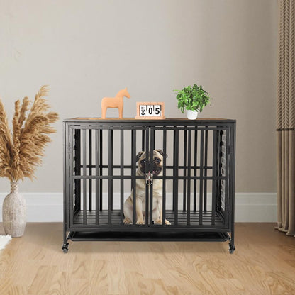 AGESISI Dog Crate Furniture 38” Dog Kennel Indoor with Removable Tray, Decorative Pet Crate for Medium/Large Dogs, XL Wooden Dog Cage with 4 Lockable Wheels, Chew Resistant, Black