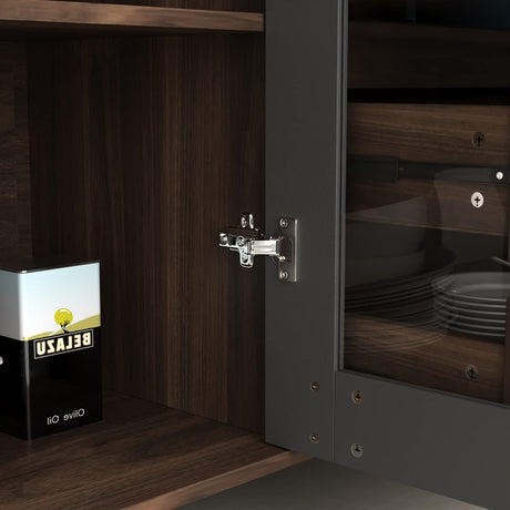 ECACAD Freestanding Kitchen Pantry Storage Cabinet with Glass Doors, Shelves & Drawers, Modern Sideboard Buffet Cabinet, Wood Kitchen Cupboard with Hutch and Hooks, Dark Brown ECACAD