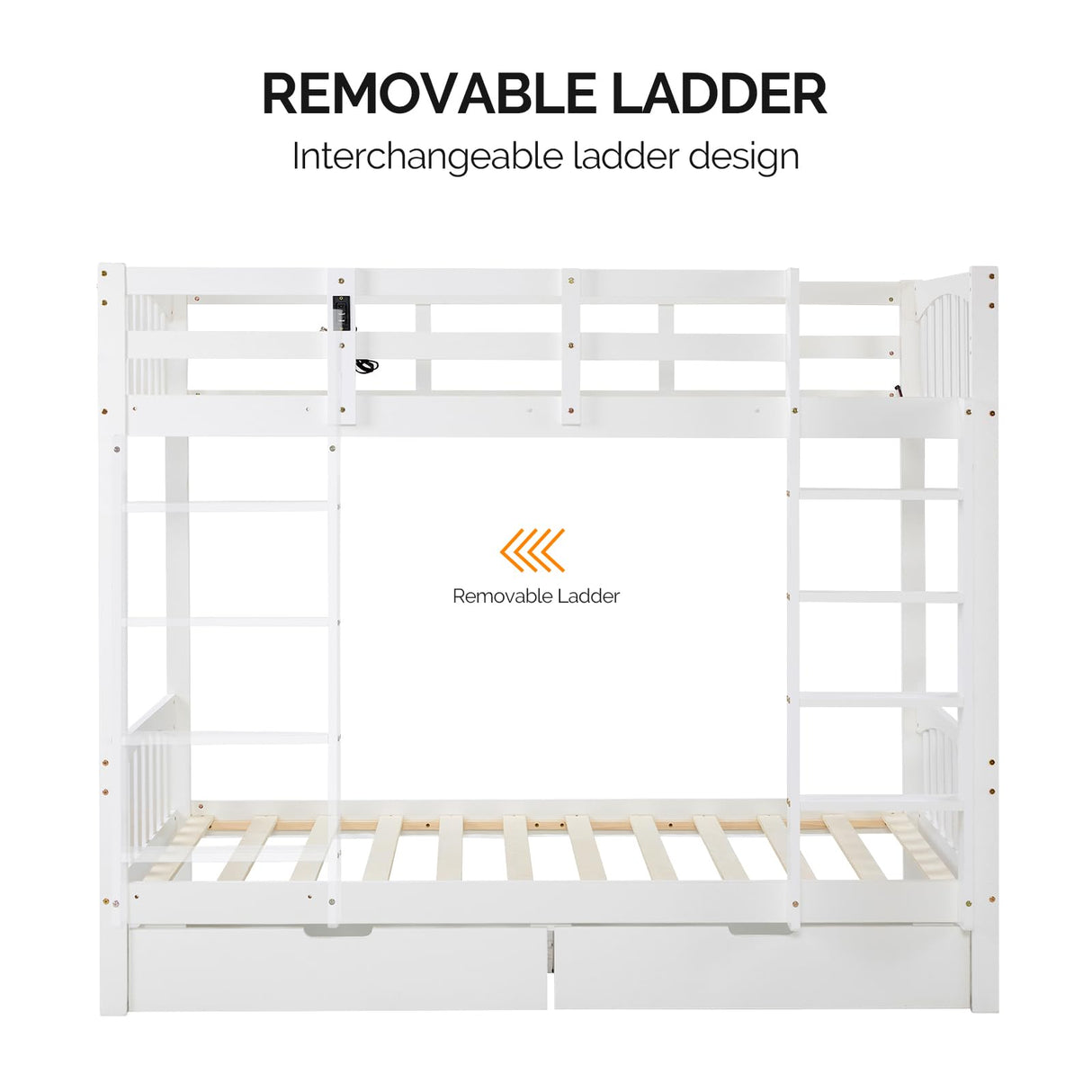 VINGLI Bunk Bed Twin Over Twin with 2 Storage Drawers/RGB LED/Charging Station, Convertible Solid Wood Bunk Bed Frame with Ladders, White VINGLI