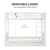 VINGLI Bunk Bed Twin Over Twin with 2 Storage Drawers/RGB LED/Charging Station, Convertible Solid Wood Bunk Bed Frame with Ladders, White VINGLI