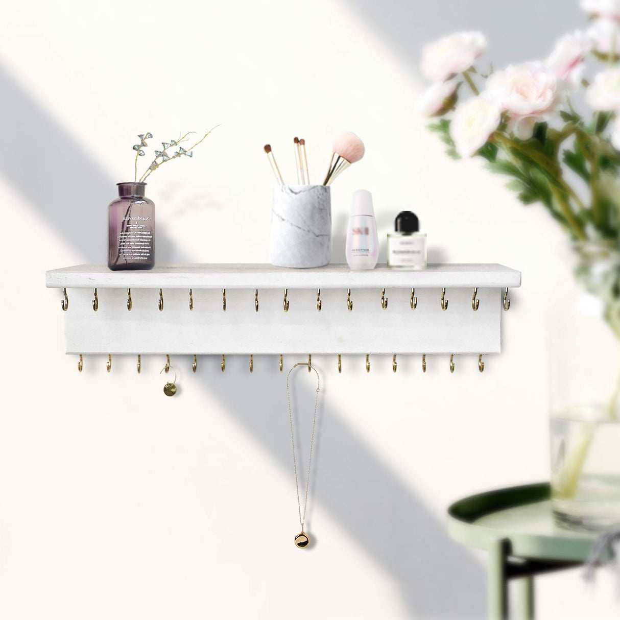 SANY DAYO HOME Jewelry Organizer with 30 Hooks and Cosmetics Shelf, 15 x 3 x 4 inches Wall Mounted Rustic Pine Wood Holder for Necklaces and Bracelets, Suitable for Kids and Adults (Retro White) SANY DAYO HOME