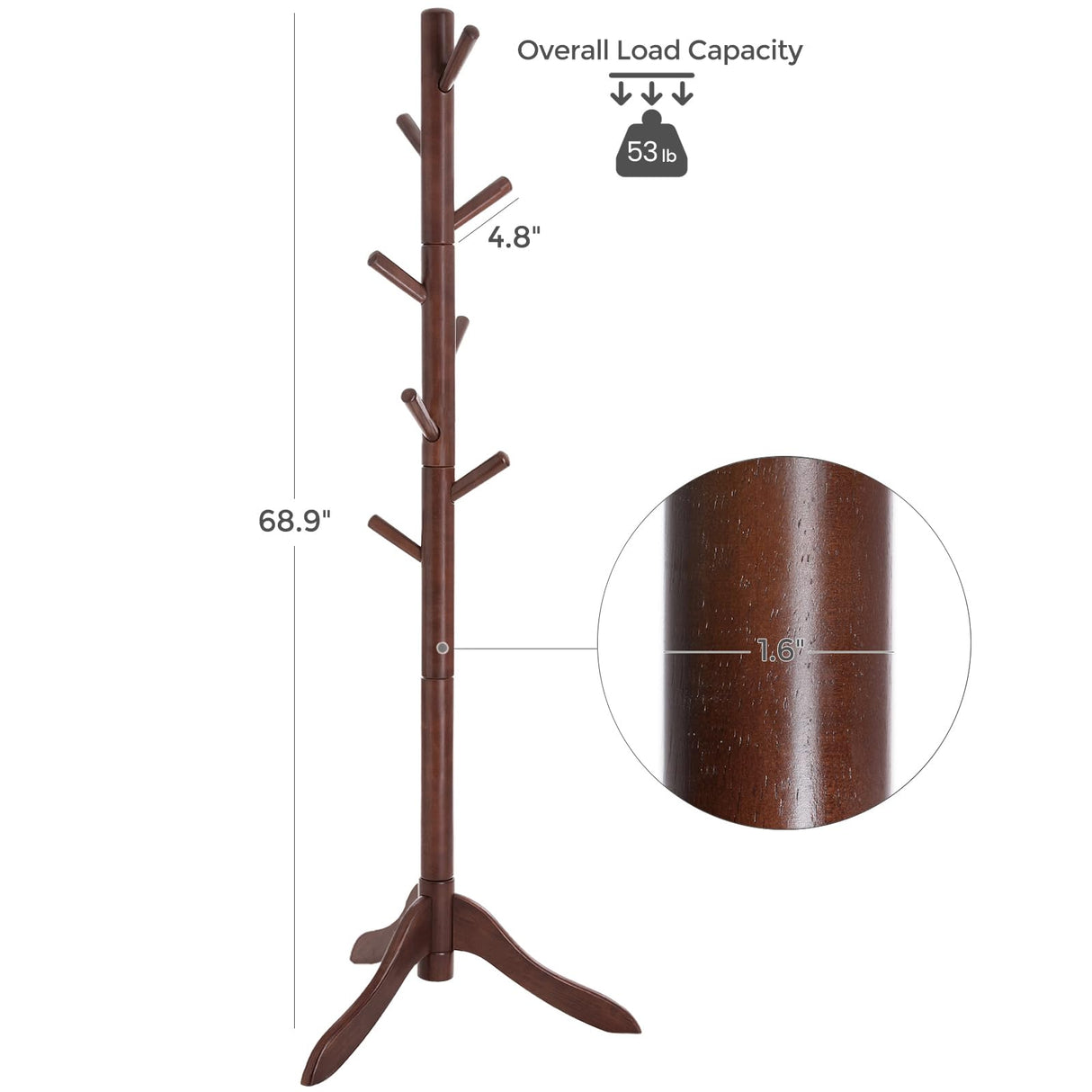 VASAGLE Solid Wood Coat Rack, Free Standing Coat Rack, Tree-Shaped Coat Rack with 8 Hooks, 3 Height Options, for Clothes, Hats, Bags, for Living Room, Bedroom, Home Office, Dark Walnut URCR01WN VASAGLE