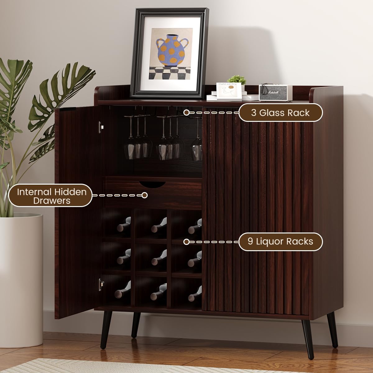 COCO DESIGN Modern Wine Bar Cabinet with Fluted Door, Glass Holder & Drawers, Farmhouse Coffee Cabinet with Removable Wine Rack & Adjustable Shelf, Exquisite Liquor Cabinet for Living Room, Walnut COCO DESIGN