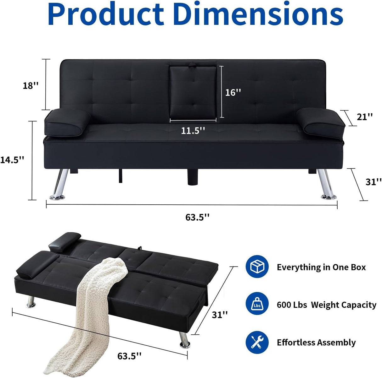 Futon Sofa Bed Convertible Loveseat Sleeper Couch Modern PU Leather Upholstery Folding Recliner Sofá, Small 2 Seaters Futon Sofa&Couch, Accent Couches with Cup Holders for Living Room Osparple
