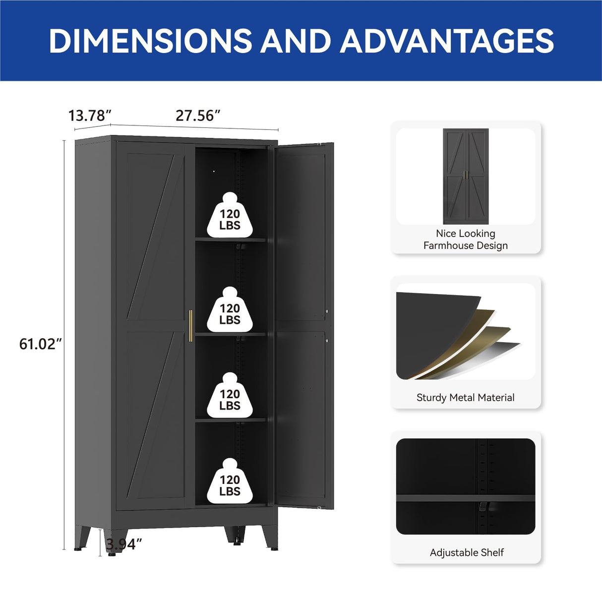 COFaR Black Metal Cabinet, 61 in Tall Metal Storage Cabinet with 3 Adjustable Shelves and Barn Doors, Farmhouse Cupboard Storage for Garage Kitchen Pantry Office, 4-Tier COFaR