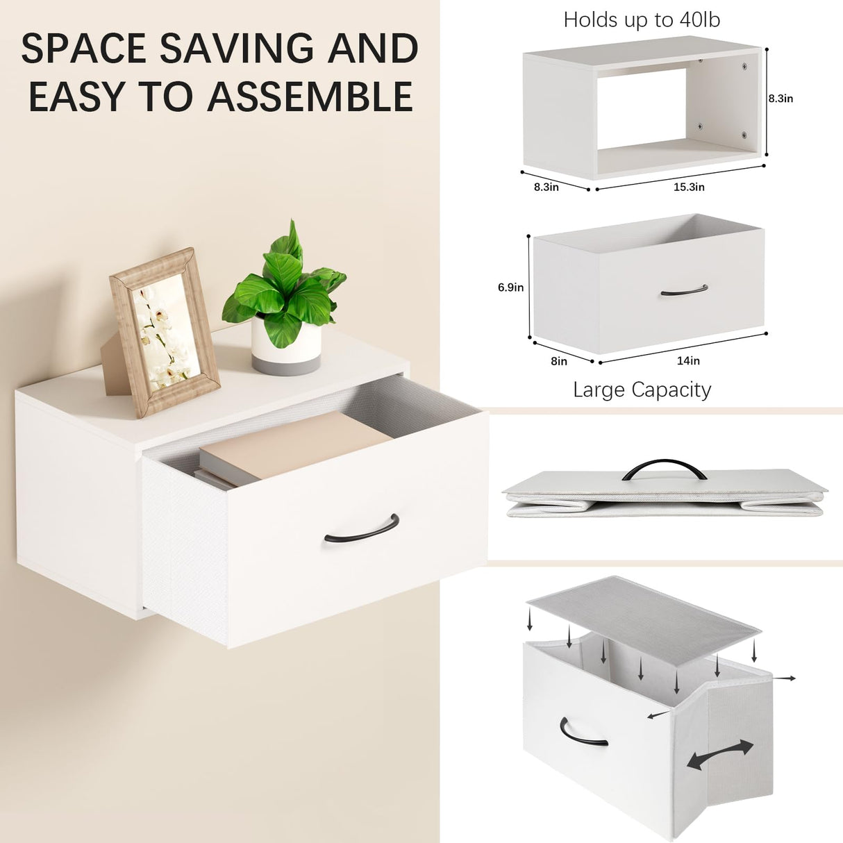 Filano Floating Nightstand Shelf with Drawer, Bedside Shelf Wall Mounted Nightstand, White Bed Side Table/Night Stand with Drawer, Small Wall Shelves for Bedroom Modern Decor Filano