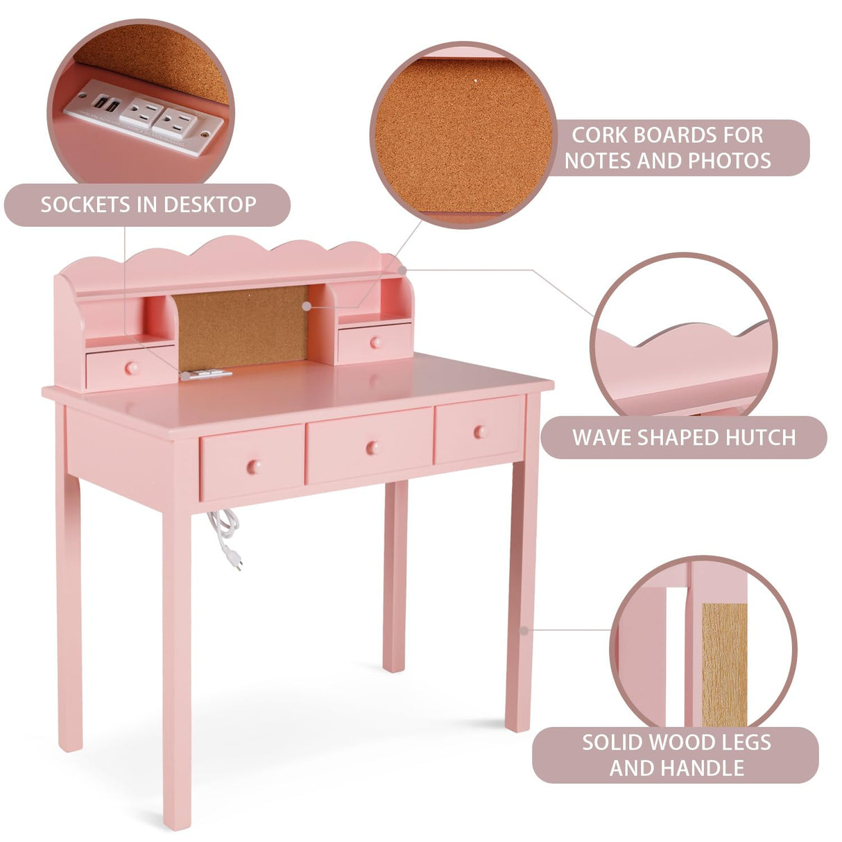 FUNKOCO Home Office Furniture Writing Desk,Computer Work Station with Detachable Hutch,5 Drawers(Pink) FUNKOCO