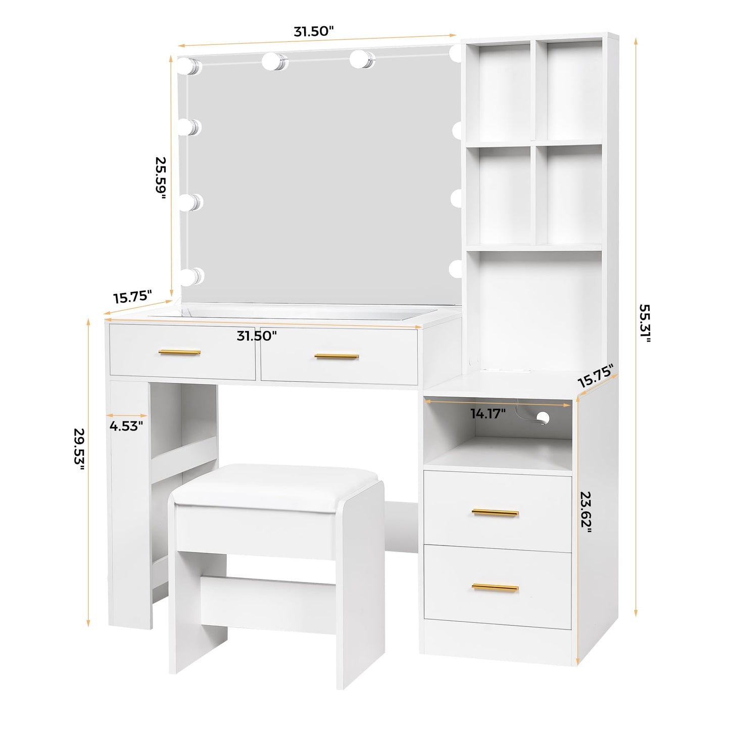 BEWISHOME White Vanity Desk with Mirror and Lights,Vanity with Glass Top,Makeup Vanity Set Makeup Desk Dressing Table,Vanity Table with Charging Station,Drawers,Nightstand,Makeup Table Vanity - WoodArtSupply