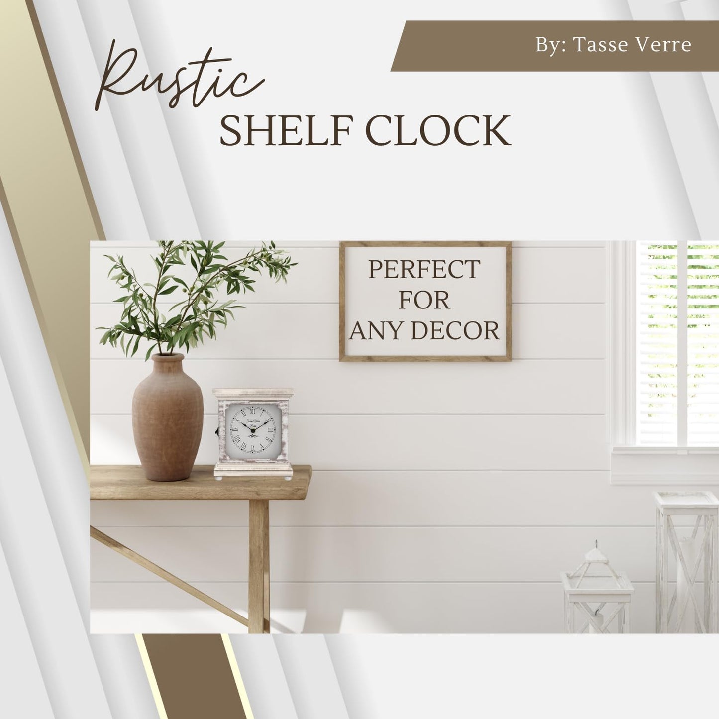 Tasse Verre Rustic Shelf Clock (Quiet) for Living Room Mantel, Table, Or Desk 9" X 7" Farmhouse Decor Distressed White Washed Wood Silent - Office Fireplace. AA Battery Operated Non-Digital,  - WoodArtSupply