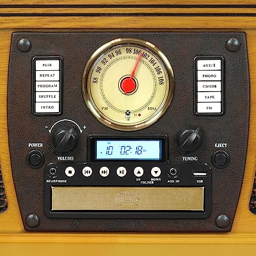 Victrola 8-in-1 Bluetooth Record Player & Multimedia Center, Built-in Stereo Speakers - Turntable, Wireless Music Streaming, Real Wood | Oak Victrola