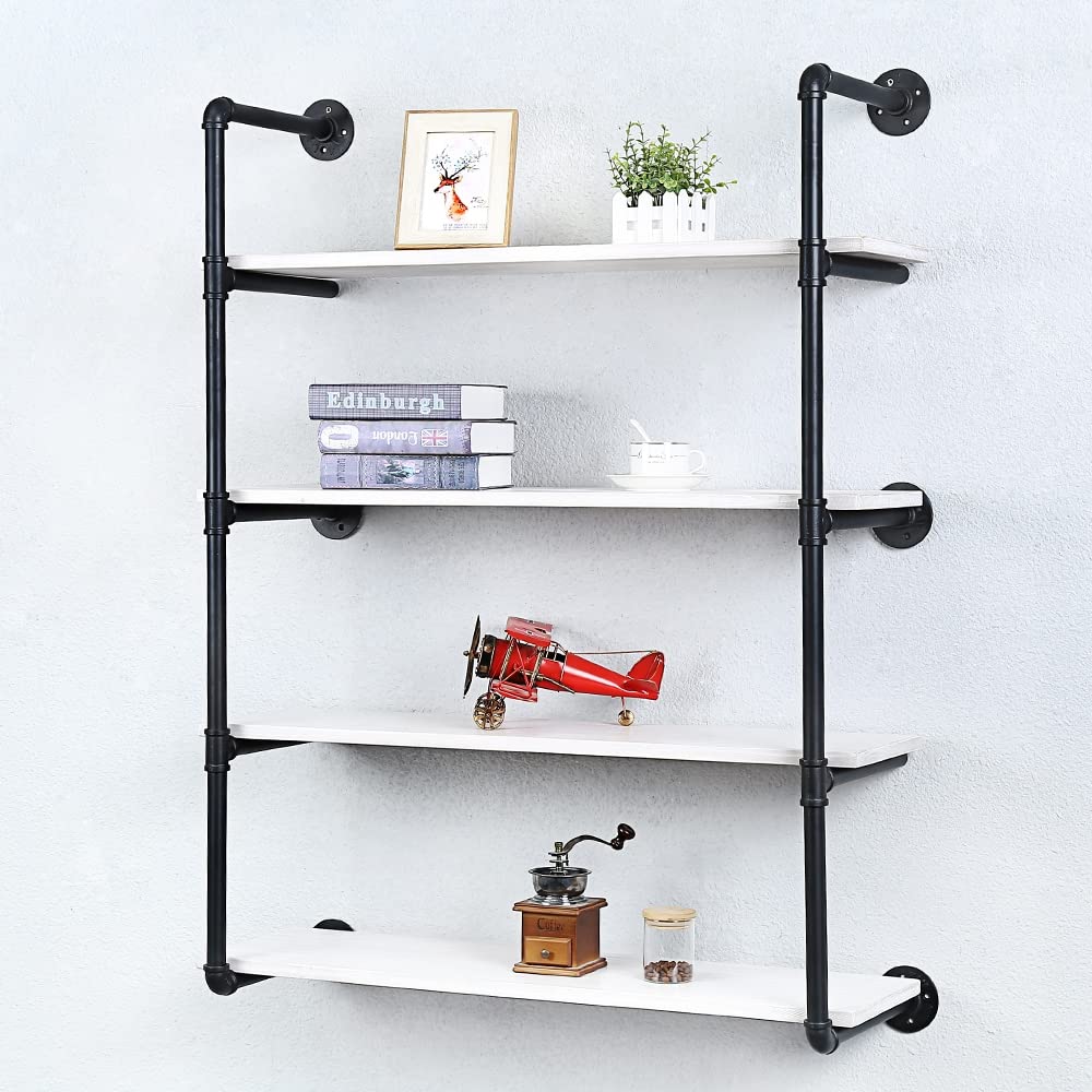 Industrial Pipe Shelving Wall Mounted,36in Rustic Metal Floating Shelves,Steampunk Real Wood Book Shelves,Wall Shelf Unit Bookshelf Hanging Wall Shelves,Farmhouse Kitchen Bar Shelving(4 Tier) OLDRAINBOW