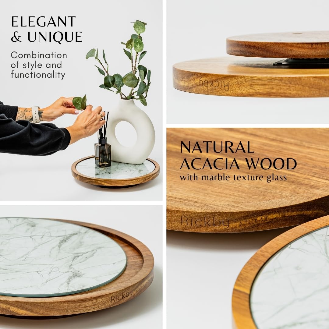 12-Inch Premium Acacia Wood Lazy Susan Turntable for Table Top with Removable Marble Texture Glass Plate, Wooden Lazy Susan for Dining Table Centerpiece & Kitchen Countertop Rickby