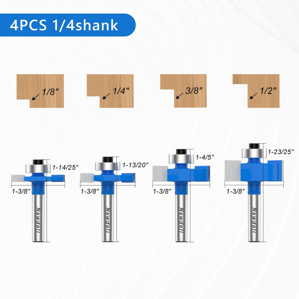 Newdeli Rabbet Router Bit Set 1/4 Inch Shank - 4Pcs Rabbeting Router Bits（1/8",1/4",3/8", 1/2" Height） with 6 Bearings Set (1/2", 5/8", 3/4", 7/8", 1", 1-1/8" Bearings) - Wood Biscuit Slot Cutters Newdeli