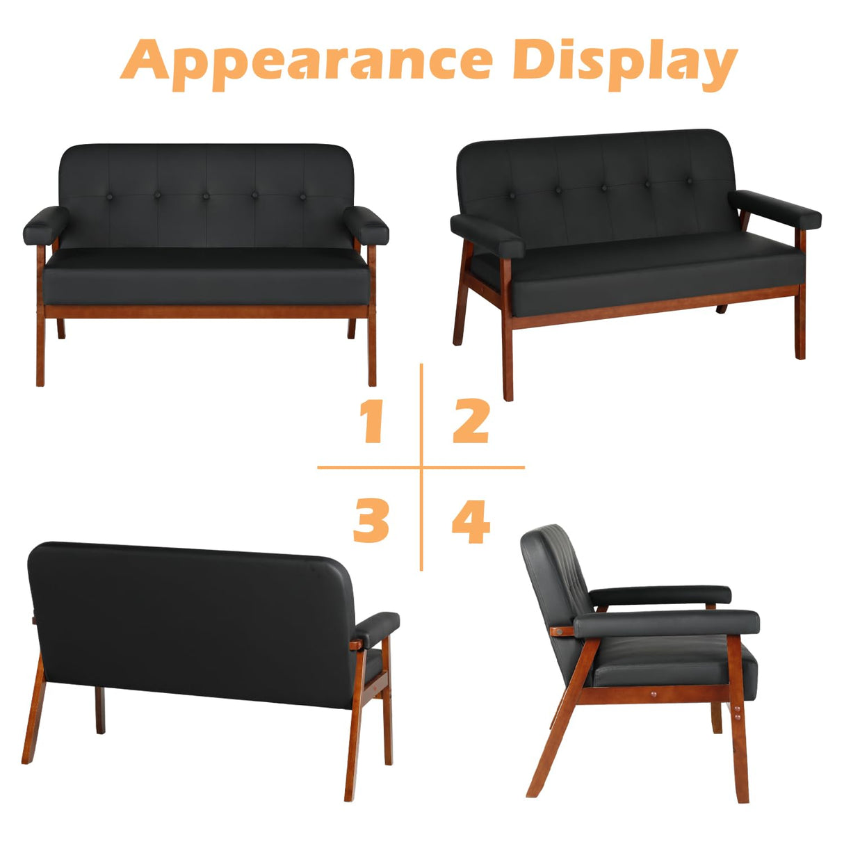 STHOUYN 50”W Black Faux Leather Small Office Couch Loveseat Sofa with Wood Arms, Mid Century Modern Love Seat Sofas Lounge Armchair Living Room Bedroom (Black (loveseat)) STHOUYN