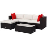 Outsunny 5-Piece Patio Furniture Set with Cushions, Outdoor PE Rattan Wicker Sofa Set, Sectional Furniture with Pillows, Glass Coffee Table for Garden, Backyard, Brown/Cream White Outsunny