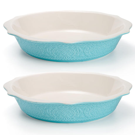 SOUJOY 2 Pack 11 Inch Pie Pan, Ceramic Embossment Baking Dish, Non-Stick Pie Plate with Soft Wave Edge, Deep Pie Dish or Tart, Pizza, Apple Pie, Quiche, Pot Pies, Cake SOUJOY