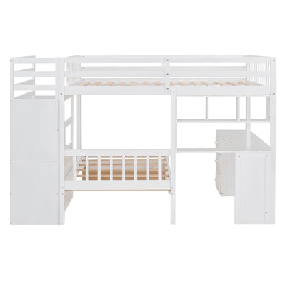 RuiSiSi Full Over Twin Bunk Beds with Stairs & Desk, Solid Wood Loft Bunk Bed with Storage Stairs Shelves and Drawers, Stairway Bunk Bed with Desk and Bookcase for Kids Teens Adults, White