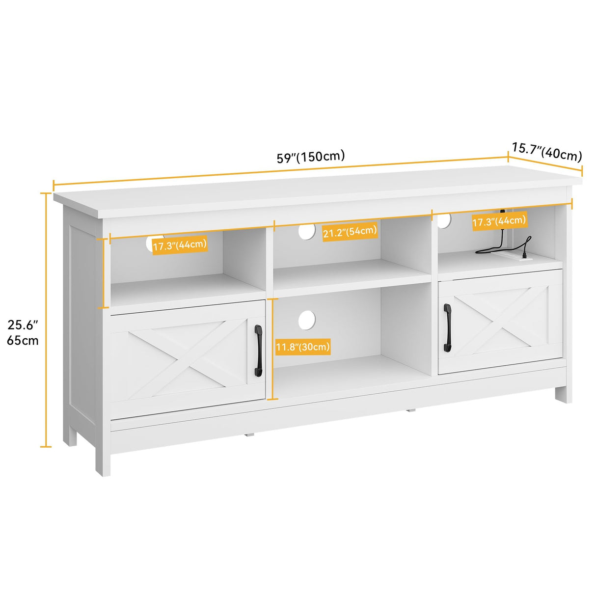 DWVO Farmhouse TV Stand for TVs Up to 65 Inch, Entertainment Centre with LED Light, TV Table with Power Outlet, TV Console for Living Room Bedroom, 59 Inches White DWVO