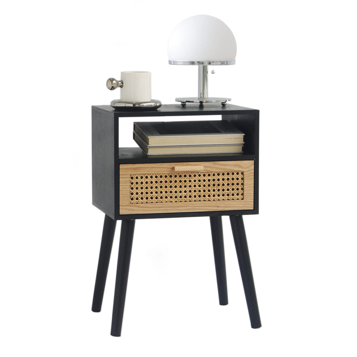 MaxSmeo End Table with Storage Mid Century Nightstand with Rattan Drawer and Shelf, Wood Small Side Coffee Table for Small Space, Living Room and Bedroom, Easy Assembly (Black) MaxSmeo