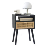 MaxSmeo End Table with Storage Mid Century Nightstand with Rattan Drawer and Shelf, Wood Small Side Coffee Table for Small Space, Living Room and Bedroom, Easy Assembly (Black) MaxSmeo