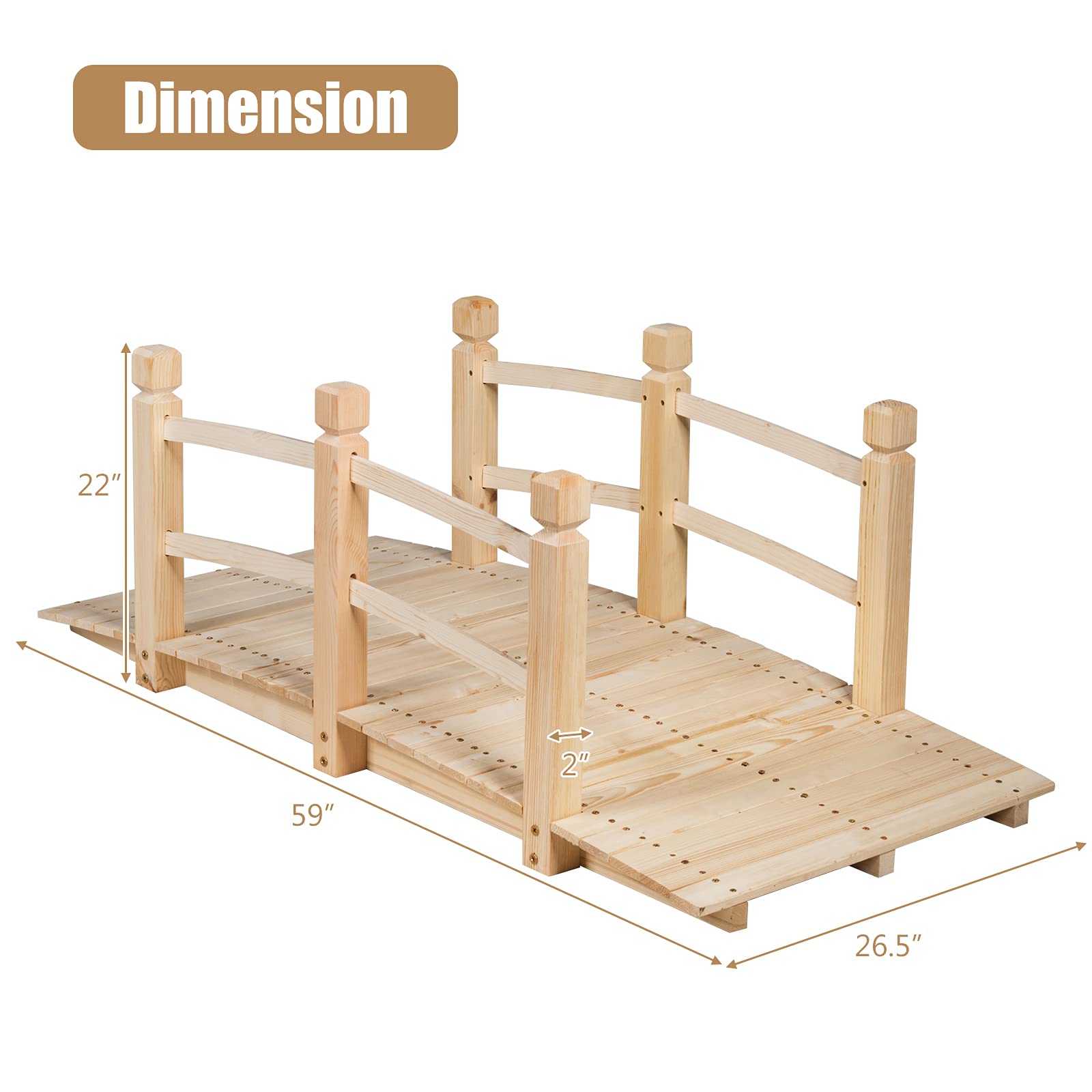 S AFSTAR Garden Bridge, 5FT Wooden Arc Footbridge for Outdoors with Safety Guardrails, Decorative Landscaping for Garden Yard Walkway Creek Farm, 400 LBS Capacity (Natural Finished) - WoodArtSupply