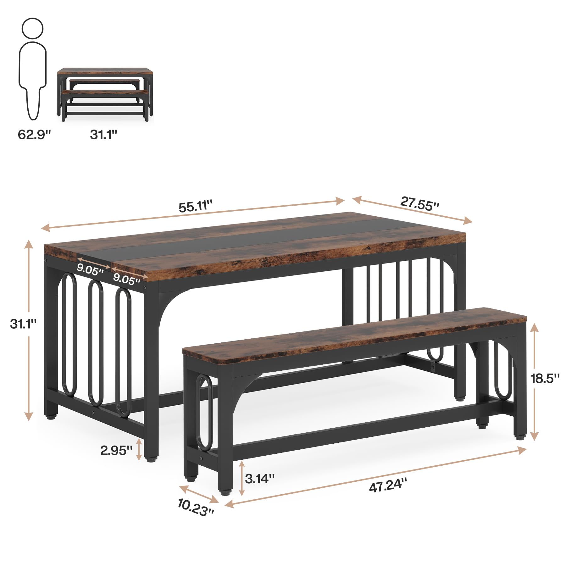 Tribesigns 55 Inch Dining Table Set for 4-6, 3-Piece Kitchen Table with 2 Benches, Space-Saving Dining Room Table Set for Home Kitchen, Restaurant, Rustic Brown - WoodArtSupply