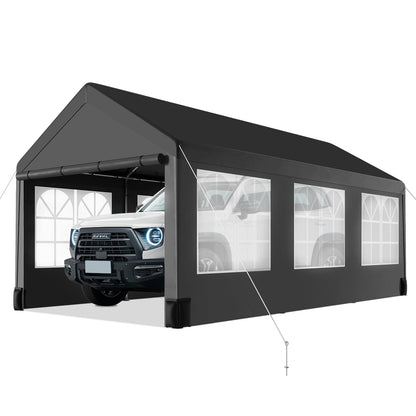 12 * 20 Heavy Duty Carport Canopy, PioneerWorks Portable Car Tent Garage with 6 Roll-up Windows and All-Season Tarp Cover, Metal Roof & 4 Sandbags for Car, SUV, Truck & Boat, Black