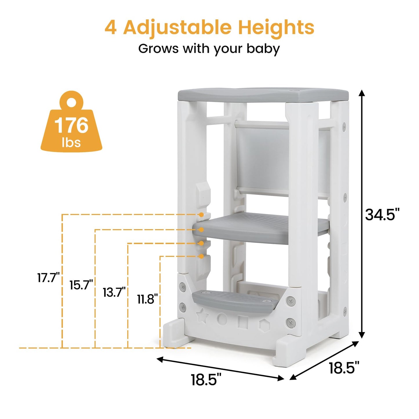 Toddler Tower Toddler Step Stool with Whiteboard & 4 Adjustable Heights, Toddler Kitchen Stool Helper with Safety Rail, Baby Standing Tower Montessori Learning Step Stools for Kids Boys Girls Children