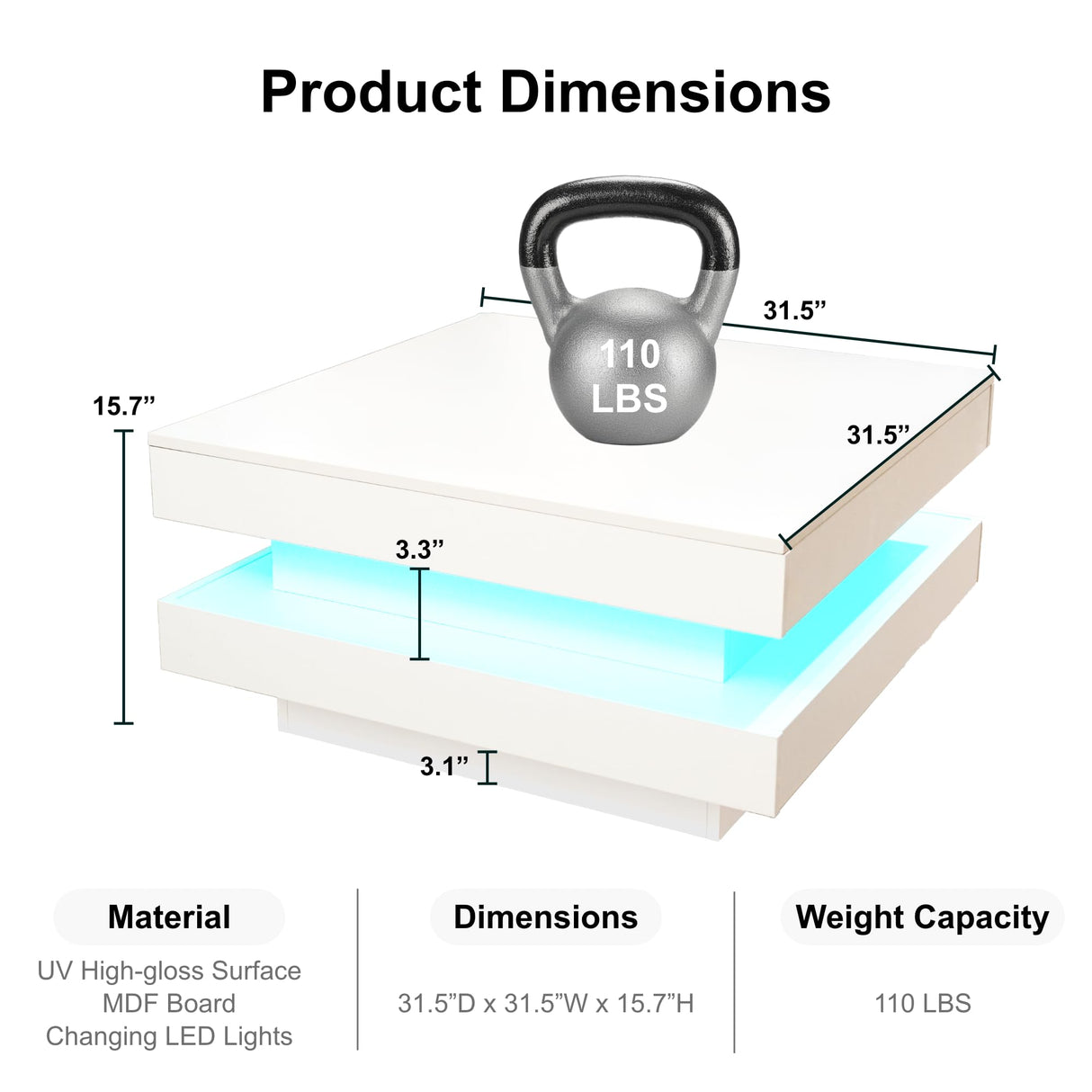 LED Coffee Table for Living Room, 2 Tier Modern Square Middle Center Table, Unique High Gloss Coffee Table with 16 Colors LED Lights & Remote Control, for Home Party Office Reception Room, White GlowSpark