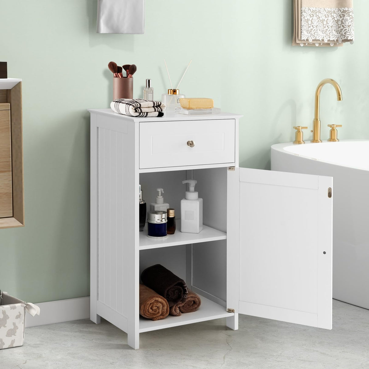 Tangkula White Freestanding Small Bathroom Cabinet with Adjustable Shelf and Drawer for Optimal Storage Tangkula