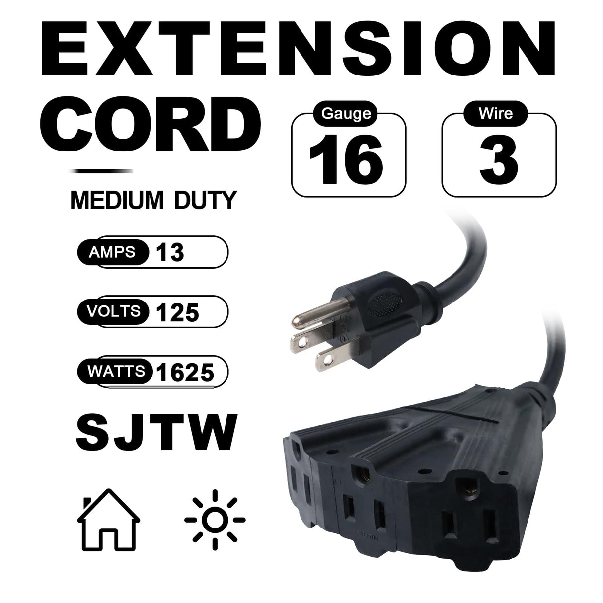 EP 50 Ft Outdoor Extension Cord with 3 Electrical Power Outlets - 16/3 SJTW Black Cable with 3 Prong Grounded Plug for Safety Great for Christmas Lights, Garden and Major Appliances EP