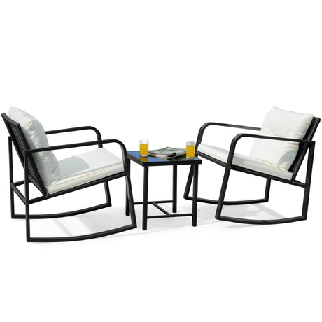 Flamaker Patio Chairs 3 Piece Wicker Rocking Chair Outdoor Bistro Sets with Coffee Table and Cushions Metal Frame Patio Furniture for Porch, Balcony, Lawn (White) Flamaker