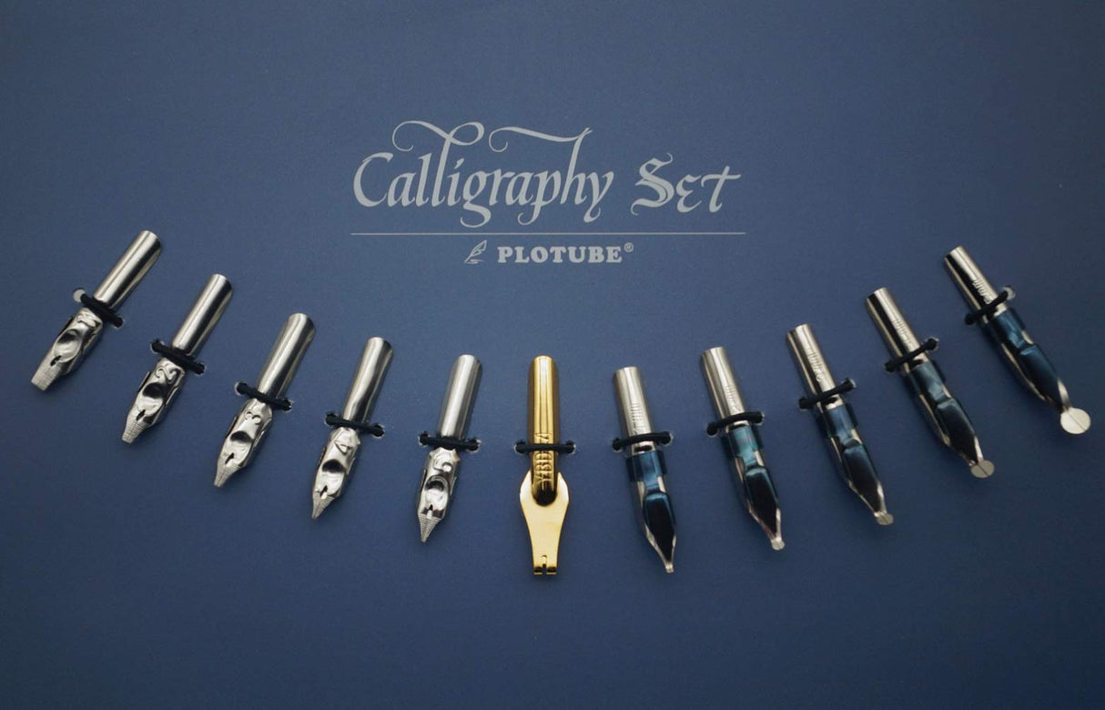 Plotube Calligraphy Pen Set – Includes Wooden Dip Pen, Antique Brass Holder, 11 Nibs, 7 Colors Ink Bottles and Beginner's Manual Plotube