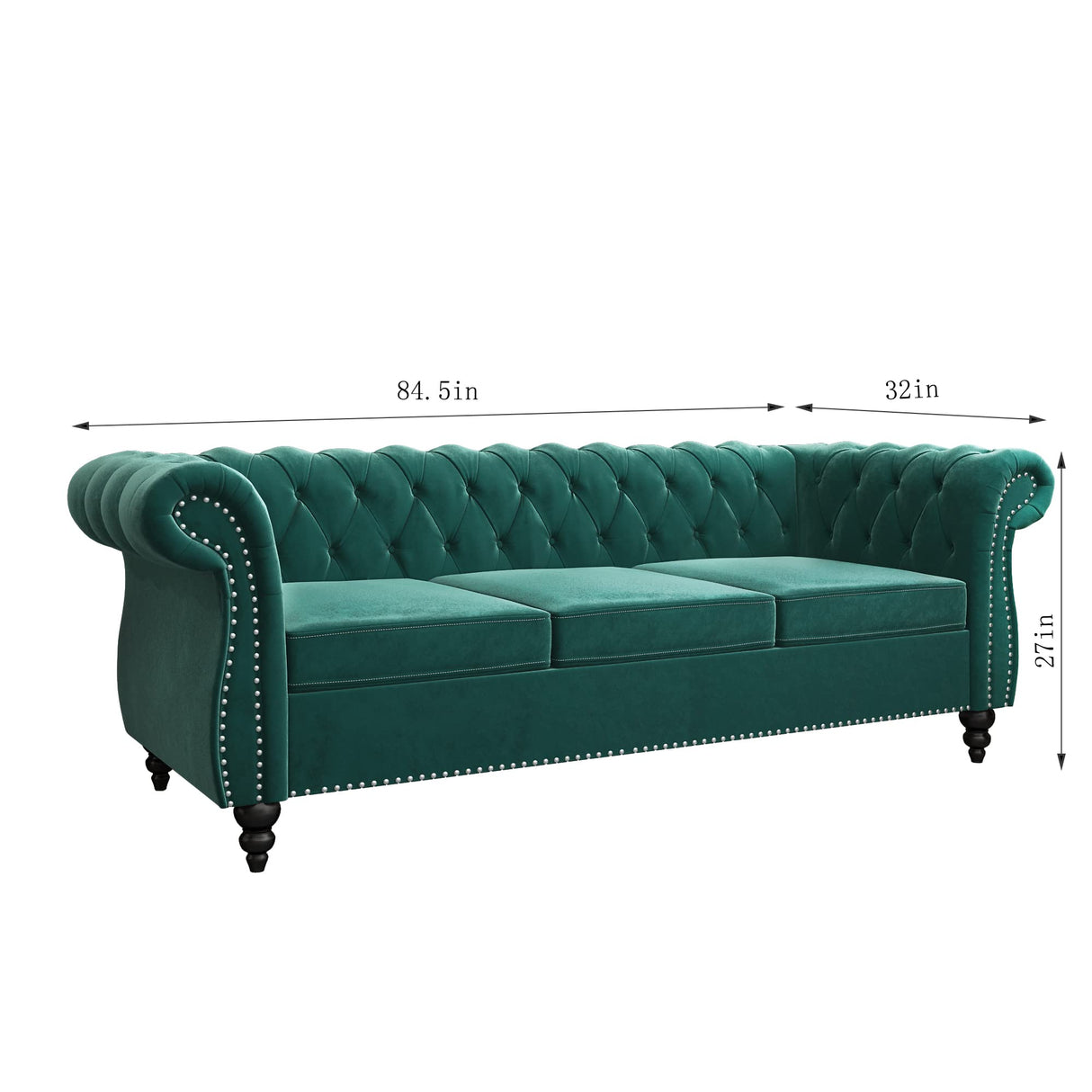 Chesterfield Sofa Velvet, Modern Tufted Couch 3 Seater with Rolled Arms and Nailhead for Living Room, Bedroom, Office, Apartment (Green) ORRD