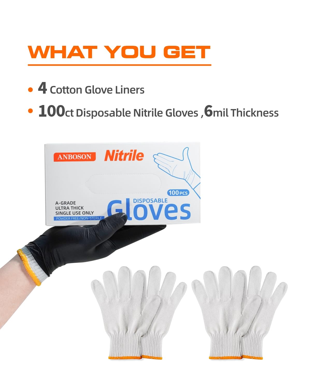 ANBOSON BBQ Gloves for Cooking Baking Grilling, 100 Count Disposable Nitrile Gloves and 4 Count Cotton Glove Liners Washable (6mil Nitrile, Large) ANBOSON