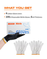 ANBOSON BBQ Gloves for Cooking Baking Grilling, 100 Count Disposable Nitrile Gloves and 4 Count Cotton Glove Liners Washable (6mil Nitrile, Large) ANBOSON