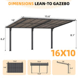AECOJOY 16' x 10' Gazebo Outdoor Pergola for Patio,10x16 Pergola Carport, Freestanding Lean to Hardtop Gazebo, Pergolas and Gazebos Clearance with Roof, Wall-Mounted Heavy Duty Awnings for Patio AECOJOY