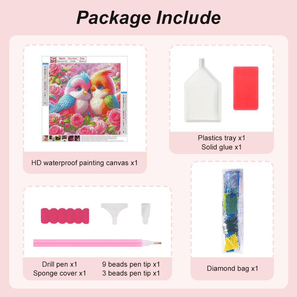 FHBUBPUP 5D Bird Diamond Painting Kits for Adults, Flowers and Birds Diamond Art Kits for Beginners - DIY Full Drill Round Diamond Dot Gem Art, Craft Gift Suitable for Home Wall Decoration 12×12Inch FHBUBPUP