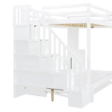 Merax Full Over Full Farmhouse Loft Bed with Murphy Cabinet Bed w/Hydraulic Lift, Solid Wood Wall Bunk Bed with Storage Staircase, Shleves & Desk/No Box Spring Needed/Easy Assemble/White Merax