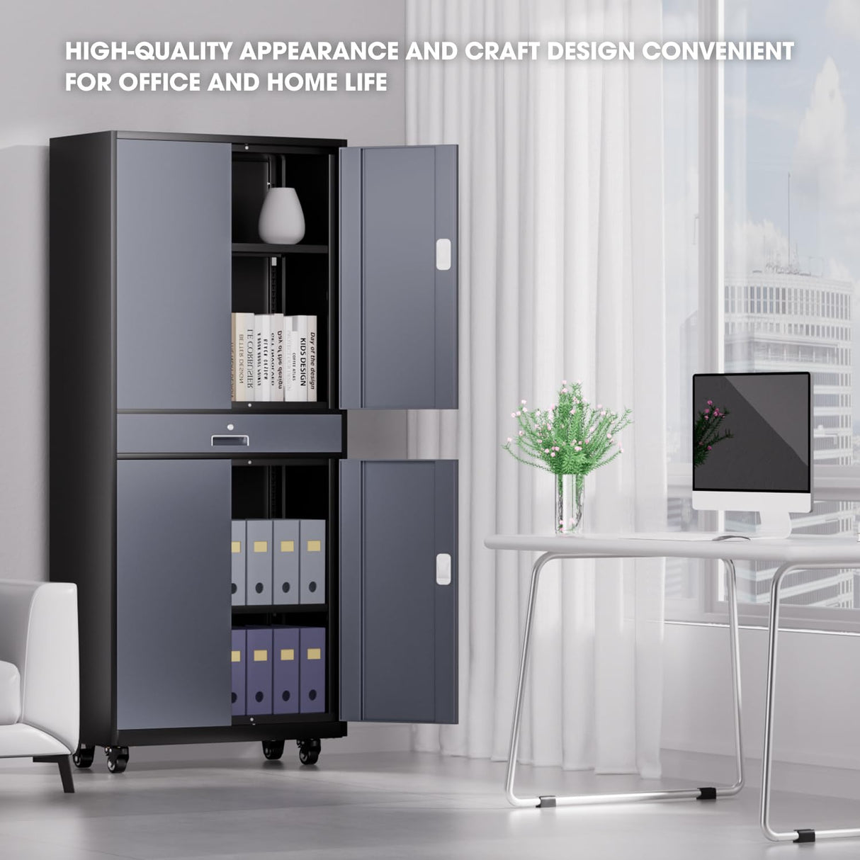 DNA MOTORING Metal Storage Cabinet, 73'' Rolling Garage Cabinet with 1 Drawer and Adjustable Shelves, Lockable Cabinet Heavy Duty Utility Cabinet for Garage,Office,Home,Gray Black, TOOLS-00630-GY-BK DNA MOTORING