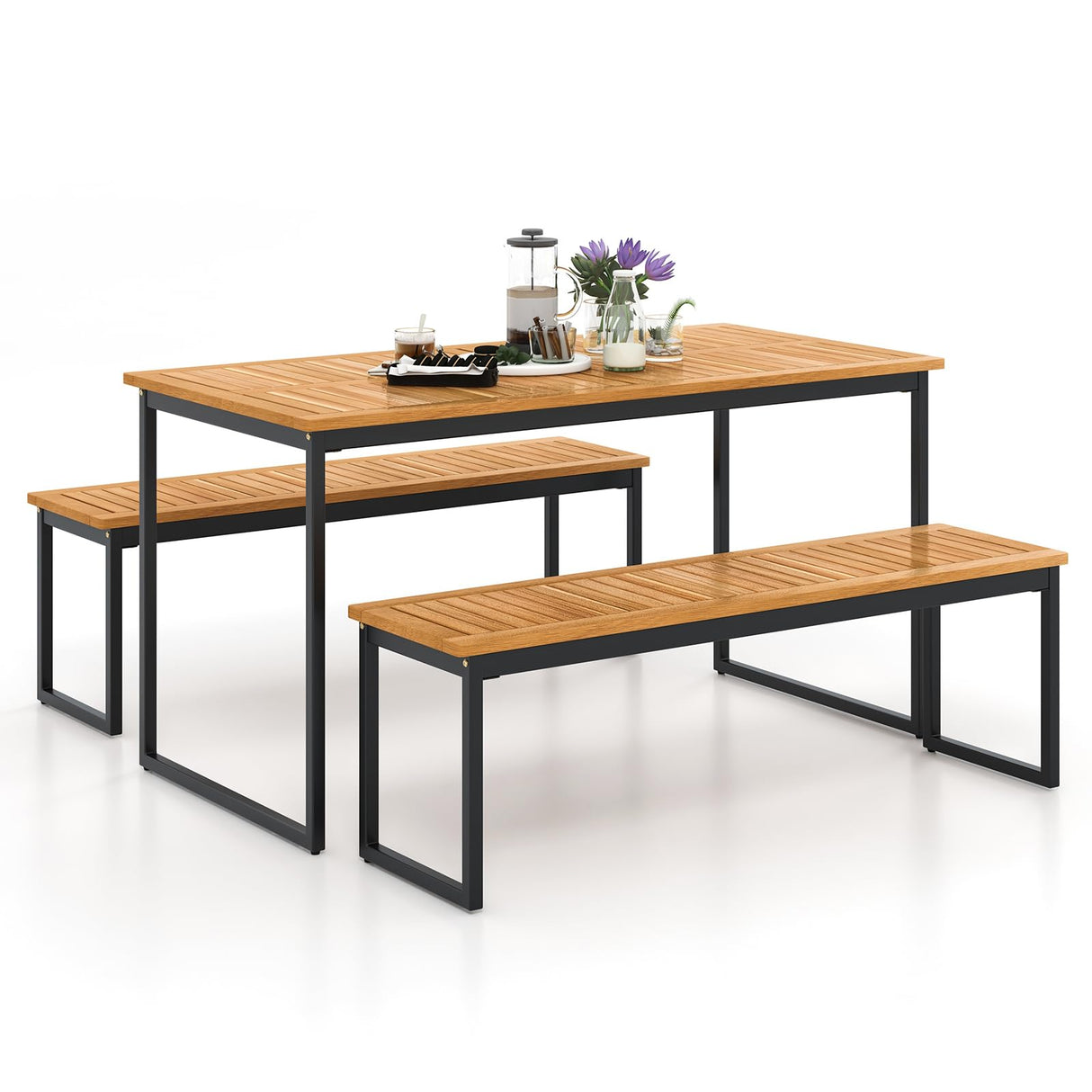 Tangkula 3 Pieces Outdoor Dining Set for 6 People, 55 inch Rectangle Patio Table & 2 Benches with Acacia Wood Tabletop, Metal Frame & Umbrella Hole, Dining Furniture for Yard, Garden, Poolside Tangkula