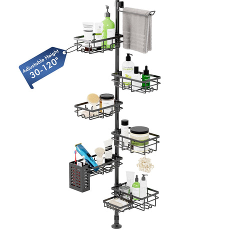 Shower Caddy Organizer Tension Pole, Rustproof 6-Pack Corner Shelf with 30-120 Inch Adjustable Shower Rack for Inside Shower, Extra Towel Bar & Soap Dish for Bathroom Organizers and Storage, Black Vatex