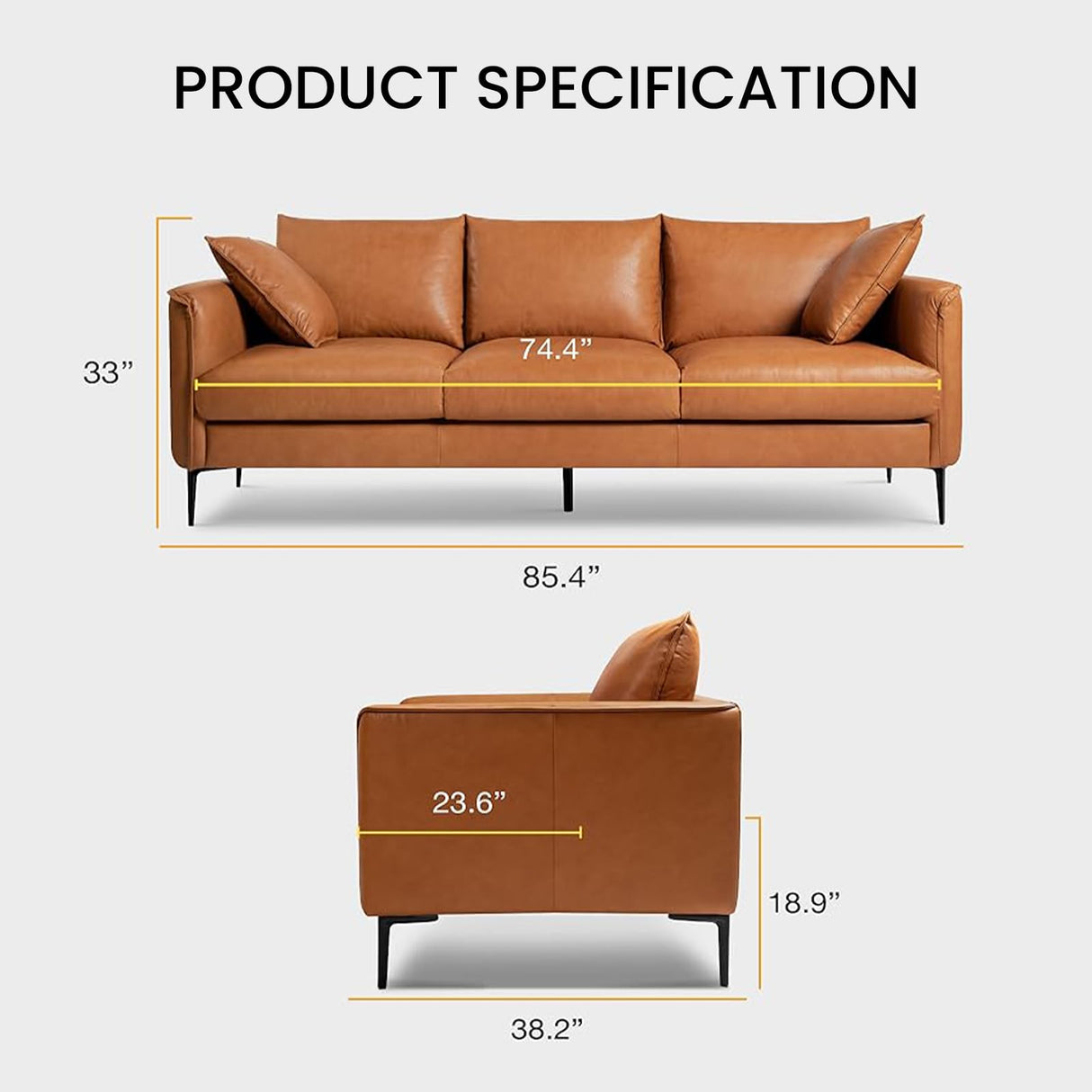 Valencia Jasper 85" Cognac Tan Brown 3 Seater Full Leather Couch | Mid Century Leather Sofa with 2 Pillows for Living Room Furniture | Plush Cushions, Nappa Leather Lounge Couch VALENCIA THEATER SEATING