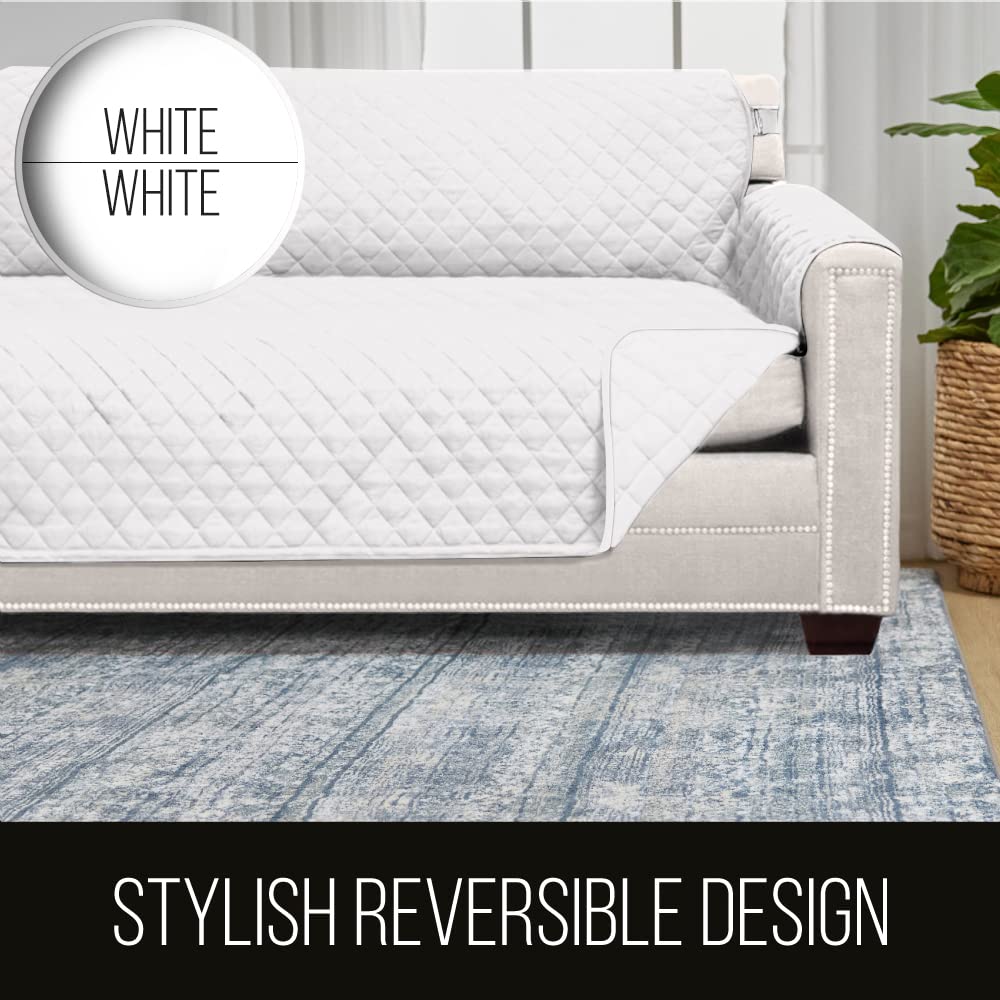 Sofa Shield Loveseat Slip Cover with Patented Strap, Large Cushion Protector, Reversible Stain and Dog Tear Resistant Slipcover, Quilted Microfiber 54” Seat, Washable Covers for Dogs Pets Kids, White Sofa Shield