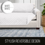 Sofa Shield Loveseat Slip Cover with Patented Strap, Large Cushion Protector, Reversible Stain and Dog Tear Resistant Slipcover, Quilted Microfiber 54” Seat, Washable Covers for Dogs Pets Kids, White Sofa Shield