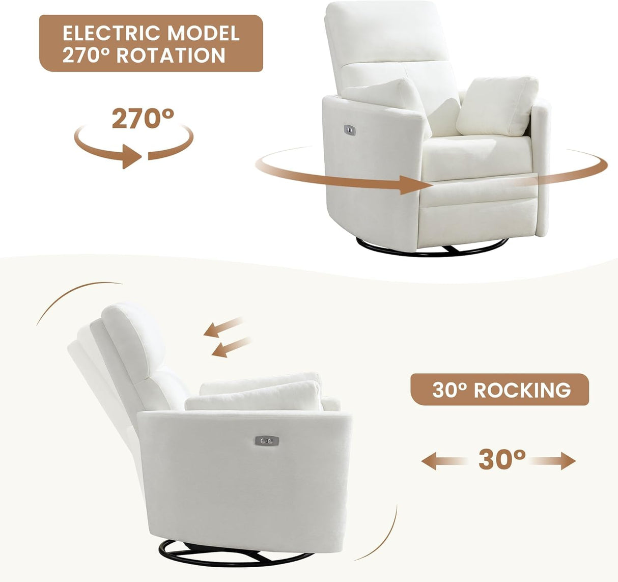 Power Recliner Swivel Glider Rocker Recliner Chair Nursery Rocking Chair Upholstered Adult Rocking Chair with 2 Pillows for Living Room Bedroom(White, Power-Driven) choairy