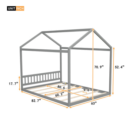 Bellemave Queen House Bed Wood Montessori Floor Beds for Kids Wood Cabin/Tent/Canopy Bed Frame for Girls Boys Teens Adults, Queen Size, Gray